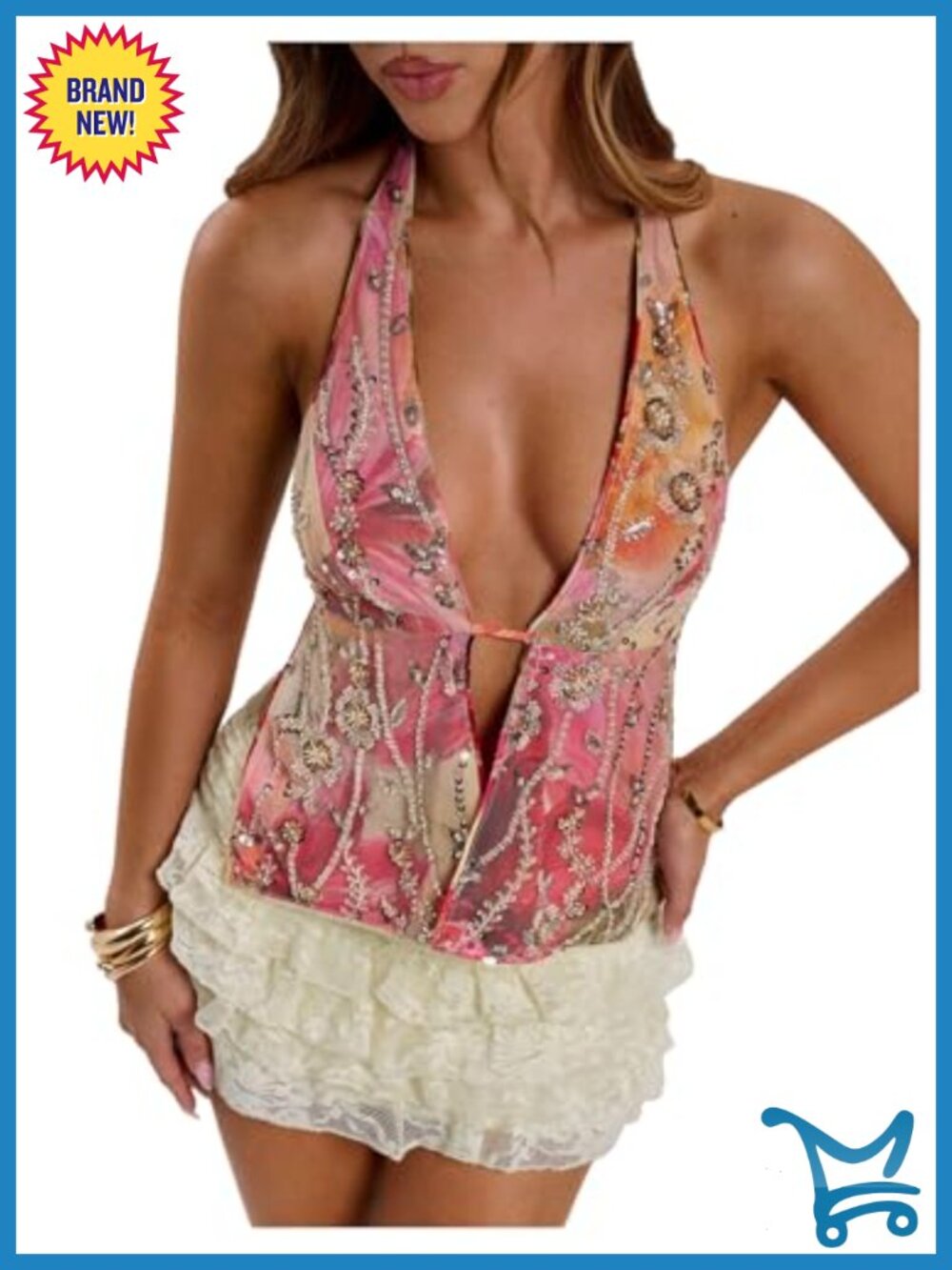 Sequin Sparkly Halter Top Open Back Ruffle Sleeveless Summer Party Top
